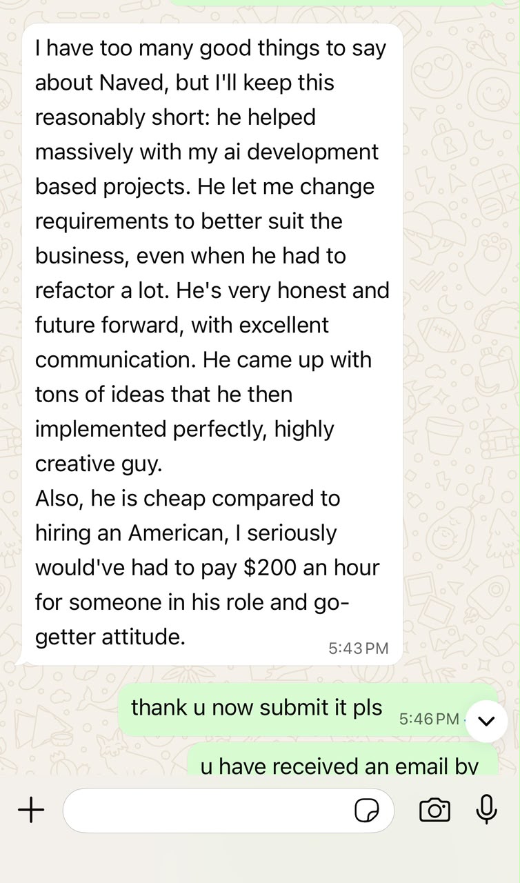 Matthew Jackson testimonial praising Naved's AI development work