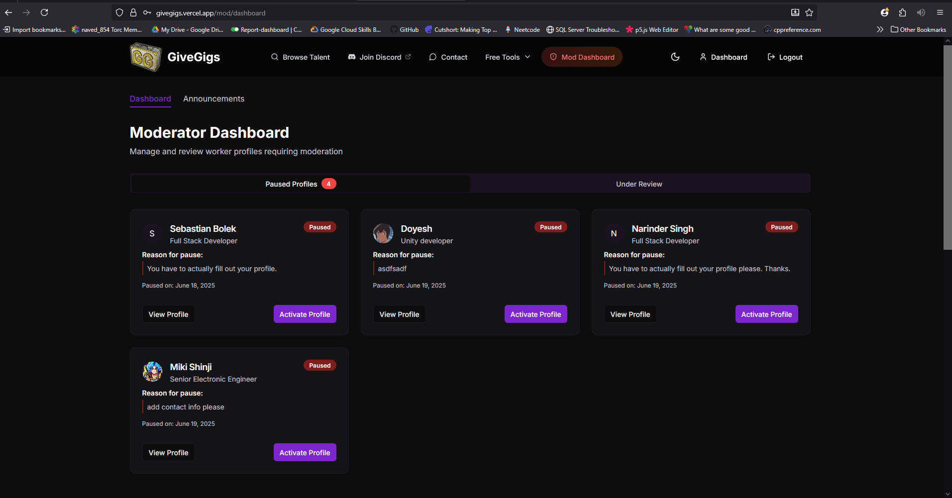 GiveGigs moderation dashboard